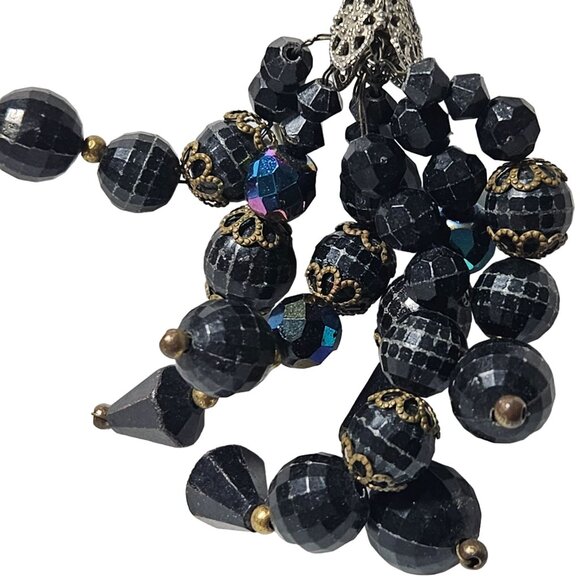 Vintage Black Beaded Tassel Pendant Necklace Unique Jewelry Special Occasions - Picture 2 of 6